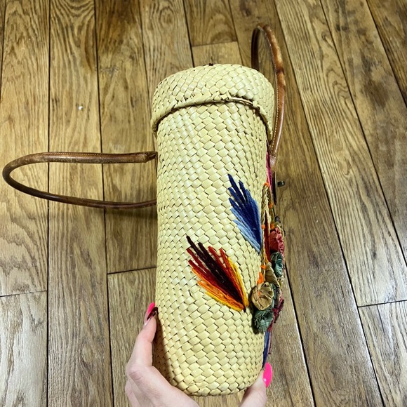 Vintage Straw Woven Tote Bag Floral Feather Embroidery Top Handle Clutch - Picture 5 of 9